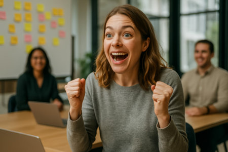 A young woman expresses joy and excitement in a collaborative office environment with colleaguesの素材