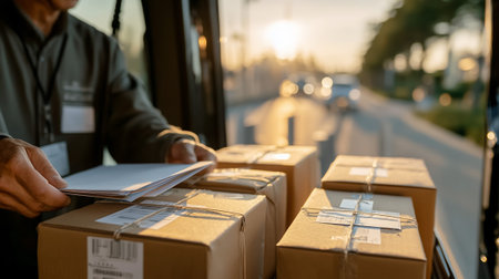 A delivery person organizing packages while preparing for delivery during sunset hoursの素材