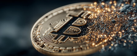 A detailed macro shot of a bitcoin coin breaking apart into glowing digital particlesの素材