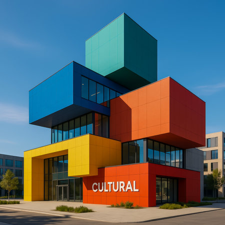 A striking cultural building featuring bright geometric shapes and large windows in a clear skyの素材