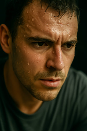 A man with an intense expression and sweat drops on his forehead, showing determinationの素材