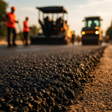 Workers in safety vests operating machinery to lay asphalt on a road during sunsetの素材