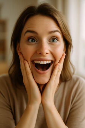 A young woman smiles joyfully, hands on her cheeks, radiating happiness in a cozy indoor settingの素材