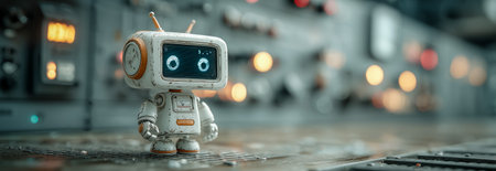 A small retro robot with a friendly face poses in a high-tech control roomの素材