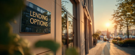 A sign displaying lending options outside a modern building during sunset in an urban settingの素材