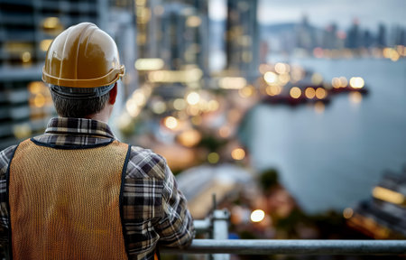 A construction worker wearing a helmet and safety vest overlooks a vibrant cityscape at duskの素材