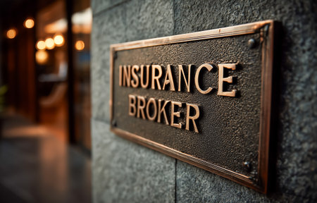 A close-up of an insurance broker sign displayed on a stylish office wallの素材