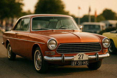 A vintage orange car captured in the golden hour light on a city streetの素材