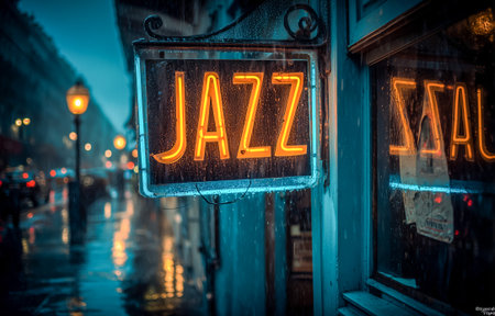 A glowing neon jazz sign in rainy weather creates a vibrant urban atmosphereの素材