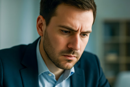 A young man in a suit displaying a serious expression while focusing on his workの素材