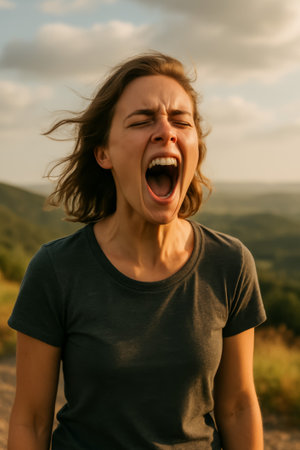 A young woman is energetically shouting outdoors, expressing joy in a beautiful landscapeの素材
