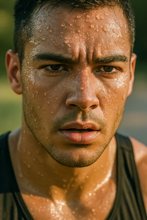 A young man with intense expression, sweating profusely after a workout in natureの素材