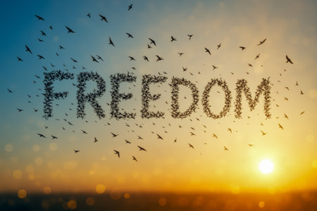 A stunning sunset with birds creating the word freedom in the skyの素材
