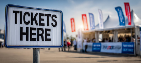A sign displaying tickets here at an event ticket booth with colorful flagsの素材