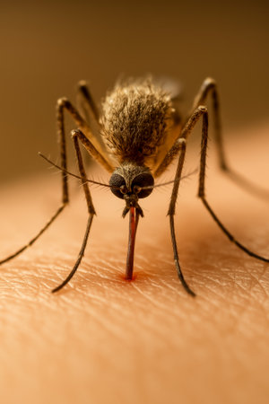 A detailed macro shot of a mosquito feeding on skin, highlighting its anatomy and featuresの素材