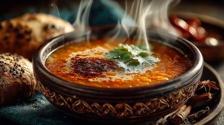 A bowl of steaming soup garnished with cilantro, served with fresh bread on the sideの素材