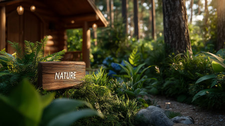A wooden sign labeled 'nature' surrounded by vibrant greenery in a forest settingの素材