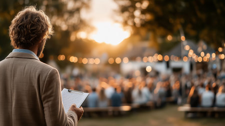 A man stands with a clipboard, addressing a seated crowd at sunset surrounded by lightsの素材