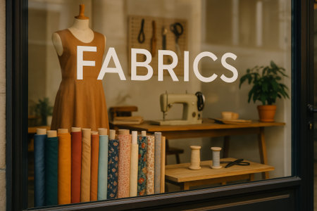 A vibrant display of fabrics and sewing tools in a charming fabric store windowの素材