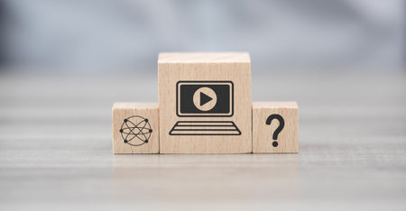 Wooden blocks with symbol of webinar conceptの写真素材