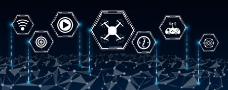 Concept of drone with icons in hexagons connected to abstract network