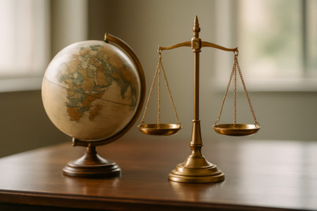 A globe next to scales of justice representing the concept of law and global governanceの素材