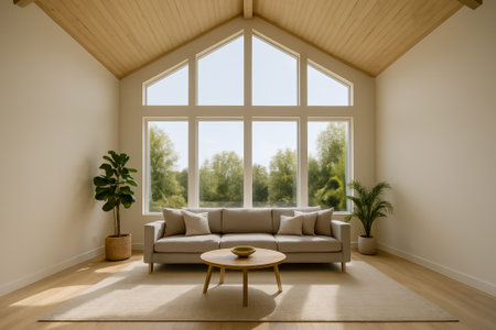 A stylish living room featuring a sofa, coffee table, and green plants with large windowsの素材