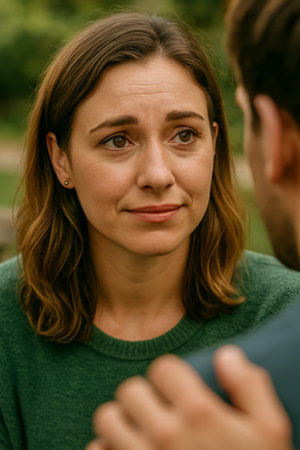 A woman with a thoughtful expression engages in an emotional conversation in a natural settingの素材