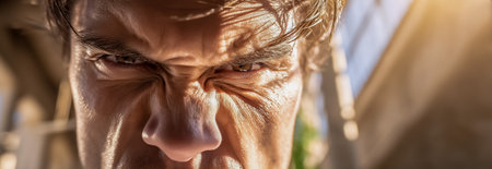 A close-up of a man's face showing intense anger and frustration with furrowed browsの素材