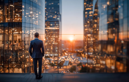 A businessman observing a vibrant sunset while standing on a rooftop balcony in the cityの素材