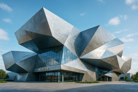 A stunning modern museum featuring an innovative geometric facade and large glass windowsの素材