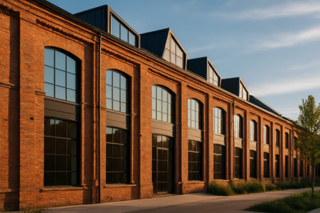 A historic brick building featuring large windows illuminated by warm sunset lightの素材