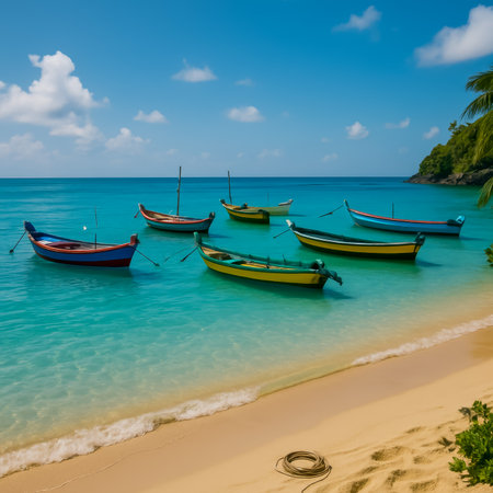 A collection of colorful boats anchored in shallow turquoise waters near a sandy beachの素材