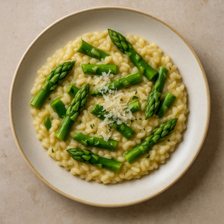 A delicious plate of creamy risotto topped with fresh asparagus and grated cheeseの素材