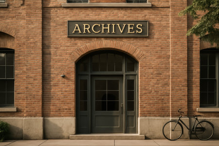 A charming entrance featuring an archives sign and a parked bicycle on the sidewalkの素材