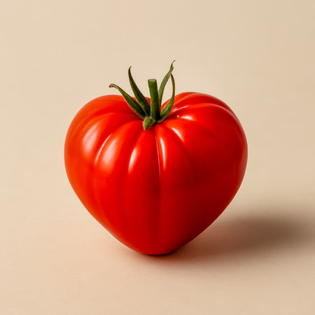 A vibrant heart-shaped red tomato displayed against a soft, light-colored backgroundの素材