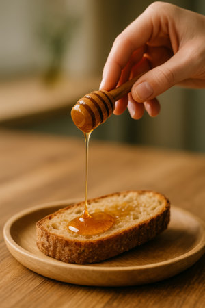 A hand pouring honey onto a slice of bread placed on a wooden plateの素材