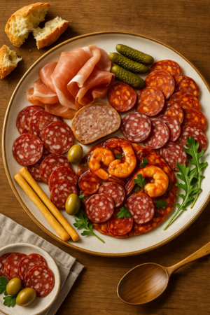 A delicious charcuterie platter featuring various meats, olives, pickles, and fresh breadの素材