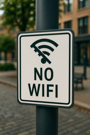 A clear no wifi sign displayed on a post in urban surroundingsの素材