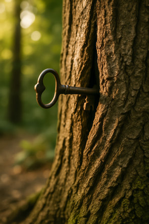 A vintage key is lodged in the trunk of a tree in a serene forestの素材