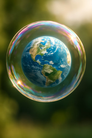A visual representation of earth within a bubble, illustrating environmental protection and fragilityの素材