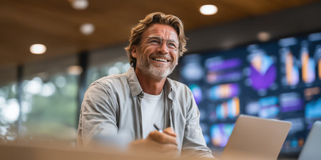 A smiling mature man engages with a laptop in a modern office environment, showing creativityの素材