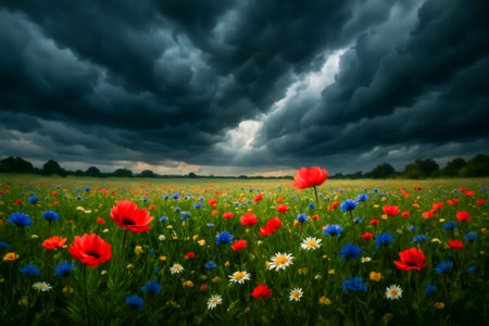 A vibrant field of wildflowers with red, blue, and white blooms beneath dark stormy cloudsの素材