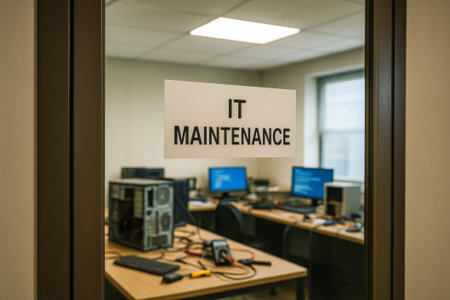A view of an it maintenance room with computers and tools visible through a glass doorの素材