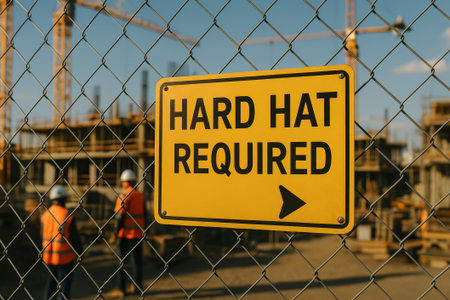 A bright yellow sign stating hard hat required seen on a construction site fenceの素材