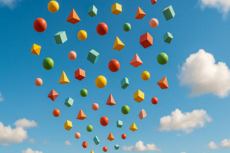 A variety of colorful geometric shapes are floating against a bright blue skyの素材