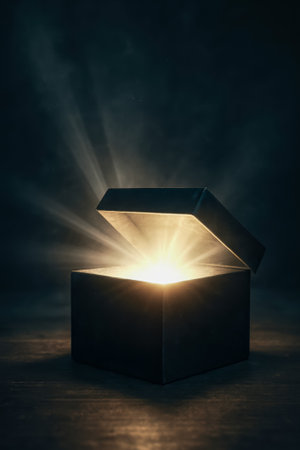 A mysterious box opens, releasing bright and enchanting rays of light in a dark settingの素材