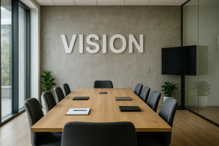 A modern conference room featuring a large wooden table and the word vision on the wallの素材