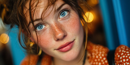 A young woman with freckles and bright blue eyes smiling at the camera in a casual settingの素材