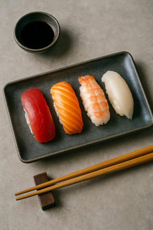 A vibrant selection of sushi pieces served with soy sauce and chopsticks on a gray backgroundの素材